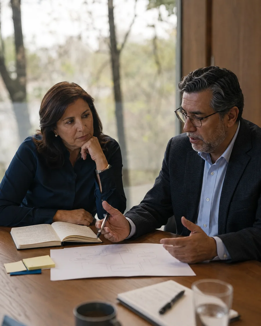 Dos profesionales revisando notas durante una conversación de trabajo