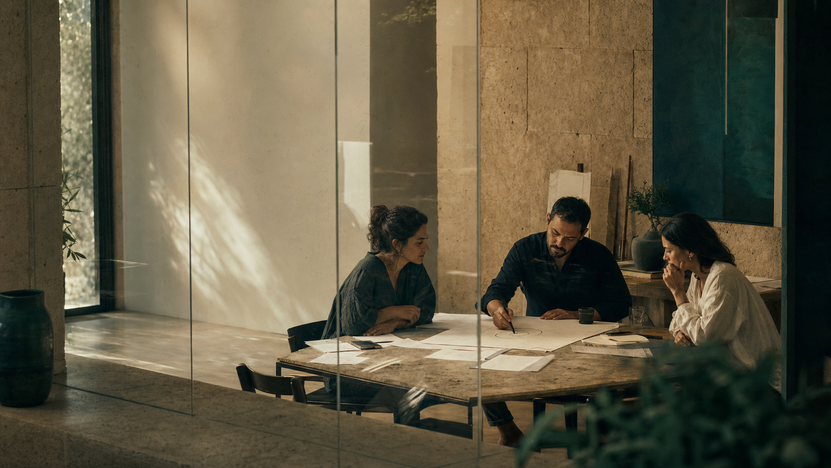 Tres personas conversando y dibujando ideas durante una sesión de trabajo
