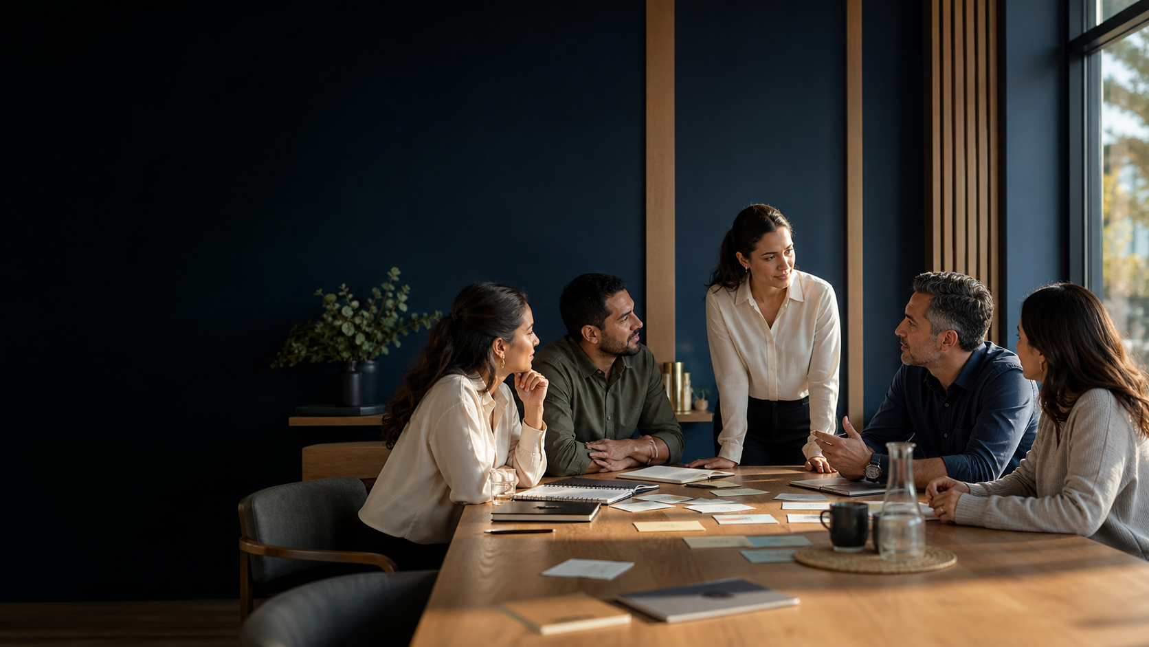 Equipo participando en una conversación de trabajo facilitada